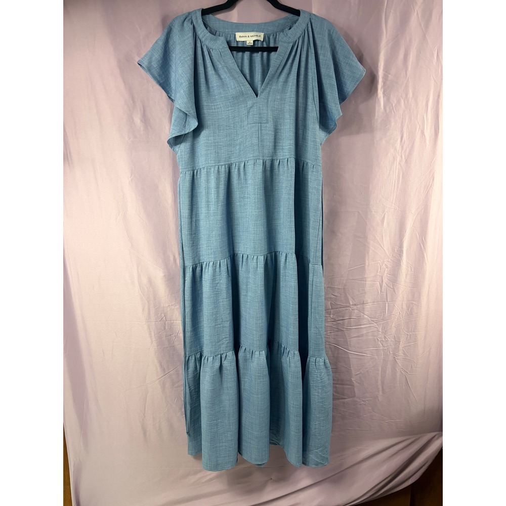 Emma & Michele Blue Tiered Maxi Dress Flutter Sleeve V-Neck Chambray Look Medium